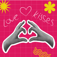 Halftone poster with hands and heart. Y2K style. Trendy newspaper parts. Modern collage elements. Pop art