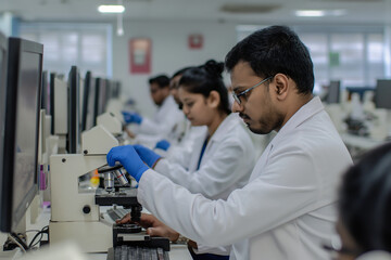 Fototapeta na wymiar indian scientific microbiology lab workers analyzing research data (1)