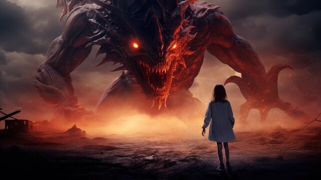 Eerie vibes as a young girl confronts a nightmare creature with haunting eyes.