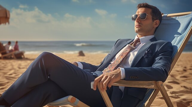 A man on a sunny day in a business suit and dark glasses lies in a lounge chair on a sandy beach with the ocean in the background.