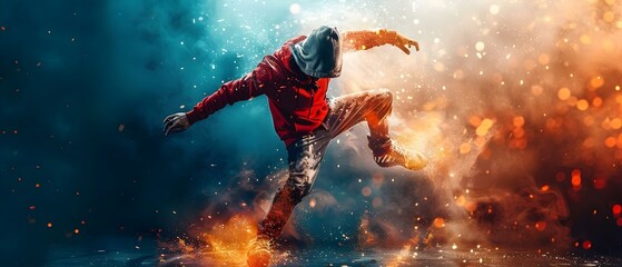 Obraz na płótnie Canvas Dynamic Breakdance Fusion Amidst Sparks. Concept Dance Performance, Urban Style, High Energy, Dynamic Movements, Spark Effects