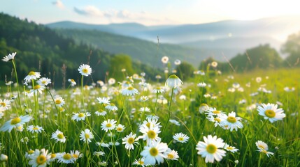 a vibrant and serene landscape of a green meadow filled with white daisies, under a bright blue sky with the sun shining brightly.
