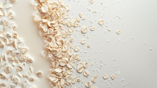 abstract image of milk and oatmeal in light colors on a white background in the corner , a lot of free white space