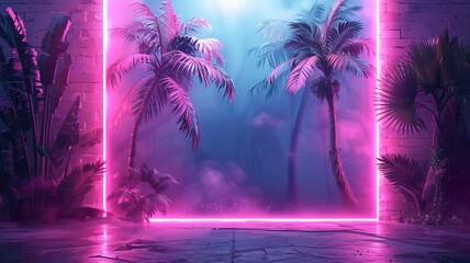 Naklejka premium Illustration of a tropical background in neon light in retro style