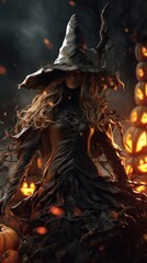 Enchanting Halloween night: a beautiful witch in a black dress and hat, exuding dark sensuality.