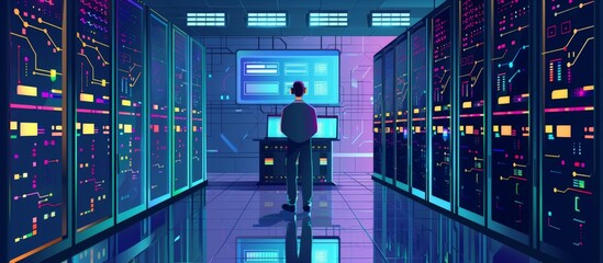 Male person appears concentrated observing screen in data center - obrazy, fototapety, plakaty