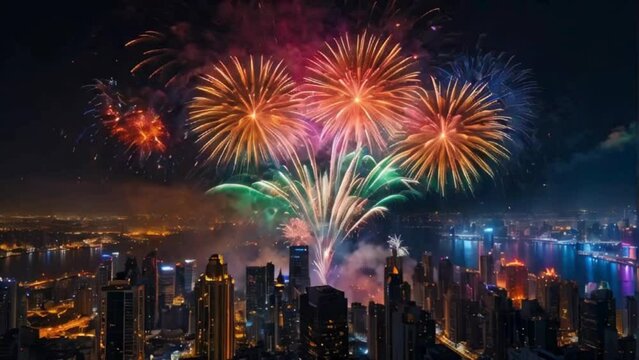 Colorful dazzling fireworks display erupting over a city skyline at night