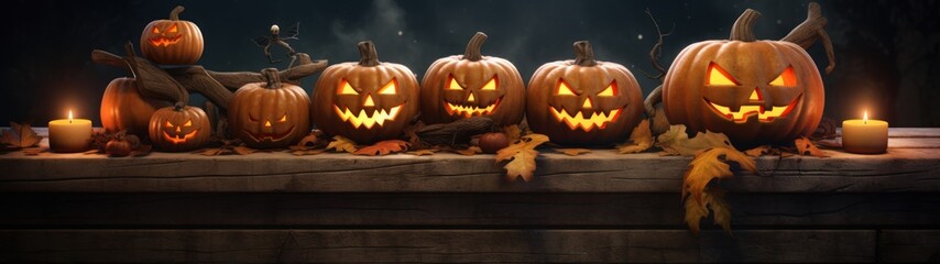 Obraz premium Fright Night: A Halloween backdrop with jack-o-lanterns, burning candles and fog, capturing the essence of a haunted autumn night.