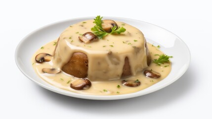 Mushroom pudding, a gourmet delight on a white plate, adorned with tasty sauce-perfect for a delicious and elegant meal.