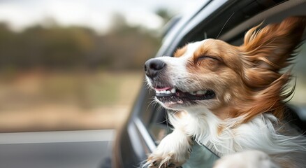 happy dog in the car window with the wind copy space