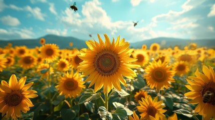 Field of Sunflowers With Blue Sky