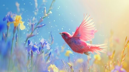 A cute pink chubby regulus calendula bird flying towards a fields of irises flora - obrazy, fototapety, plakaty