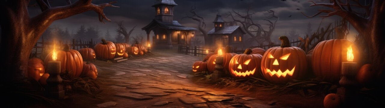 Haunted Halloween background with evil faces carved on glowing pumpkins and flickering candles - a celebration of fright.