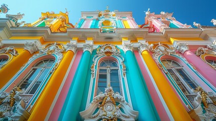 Colorful Building With Clock Tower - obrazy, fototapety, plakaty