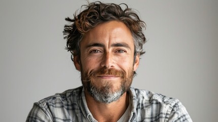 Smiling Man With Beard in Kitchen - obrazy, fototapety, plakaty