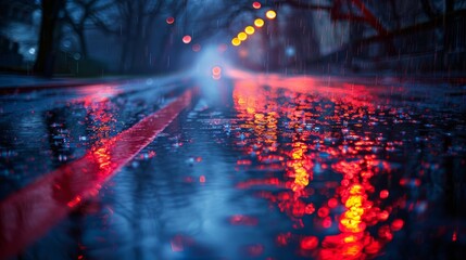 Wet Street With Red and Blue Lights - obrazy, fototapety, plakaty