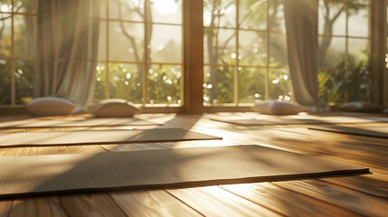 Unrolled yoga mat on wooden floor in modern fitness center or at home with big windows, comfortable space for doing sport exercises, meditating, yoga equipment. fitness practice at home