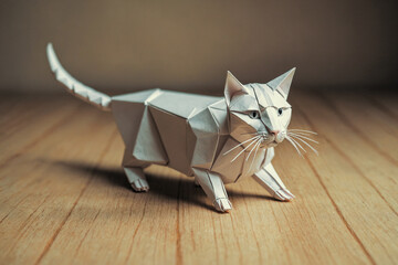 Adorable origami paper cat looking curiously on ground at home. Children's book illustration.