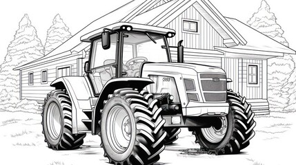 Creativity in the field: tractor against a wooden barn background, coloring page celebrating the art of farming.