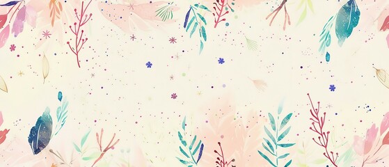 pastel punk botanical art pattern of spring plants, vintage painting, forest leaves, gouache painted illustrated pastel galaxy, watercolor, pastel colors, stars, unicorncore, sparklecore, cosmic