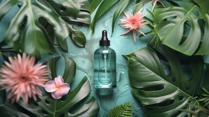 Bottle of Lotion Surrounded by Tropical Leaves and Flowers - obrazy, fototapety, plakaty