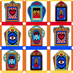 Seamless pattern with Mexican windows, heart and sugat elements. Vector.