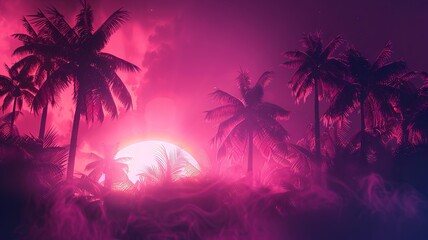 Fototapeta na wymiar Illustration of a tropical background with sunset or dawn in neon light in retro style. Palm trees and the sun