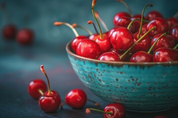 Fresh cherries in bowl on grey background