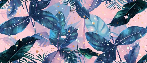 pastel punk botanical art pattern of spring plants, vintage painting, forest leaves, gouache painted illustrated pastel galaxy, watercolor, pastel colors, stars, unicorncore, sparklecore, cosmic - obrazy, fototapety, plakaty