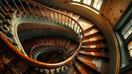 Staircase architectual, spiral staircase in building, luxury flooring elegance inside of window