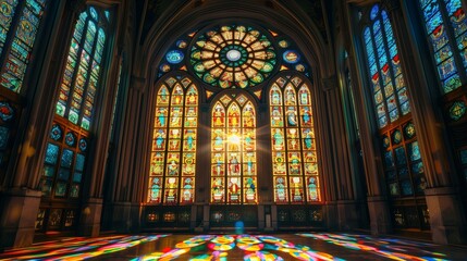 Obraz premium Stained glass window, church, old inside of altar illuminated ceiling