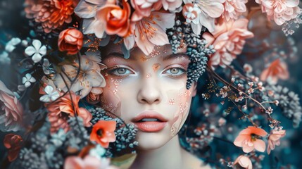 ethereal nymph adorned with a crown of flowers symbolizes harmony between nature and humanity through surrealism art style - obrazy, fototapety, plakaty