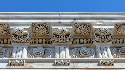 Pediments architectual, building with ornate carvings, ancient sculpture stone material decor fence - obrazy, fototapety, plakaty