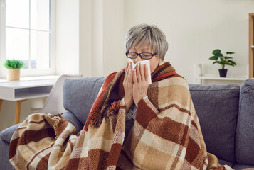 Sick senior woman with runny nose wrapped in a blanket sitting on sofa at home. Elderly female...