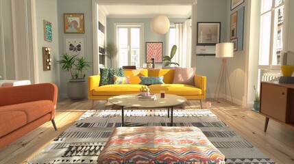 Retro styled living room interior with colorful furniture and decoration in warm colors, bathed in...