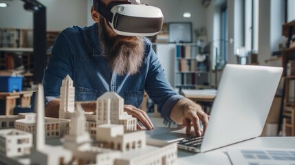 Bearded male architect using VR headset and laptop to visualize and design modern urban city buildings