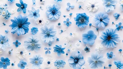 Blue and white flowers of various species are arranged on a white background in a floral pattern.