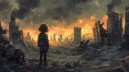 Little girl standing in a destroyed city, looking at the ruins with a hint of determination in her eyes, conveying a sense of resilience and hope amidst the devastation.