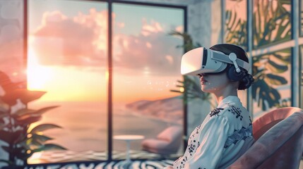 woman, virtual reality headset, modern home, 
