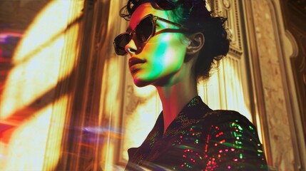 Stunning portrait of a glamorous woman wearing sunglasses, with a golden background and light rays, in a fashion photography style.