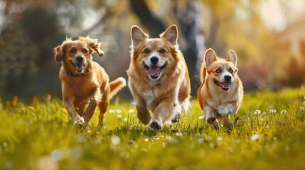 Three happy dogs are running across a green field on a sunny day in the countryside in an impressionist painting style - obrazy, fototapety, plakaty