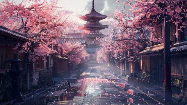A cherry blossom-lined street in Japan with a pagoda in the distance, done in the style of anime, with a focus on the beauty of nature and the traditional architecture.