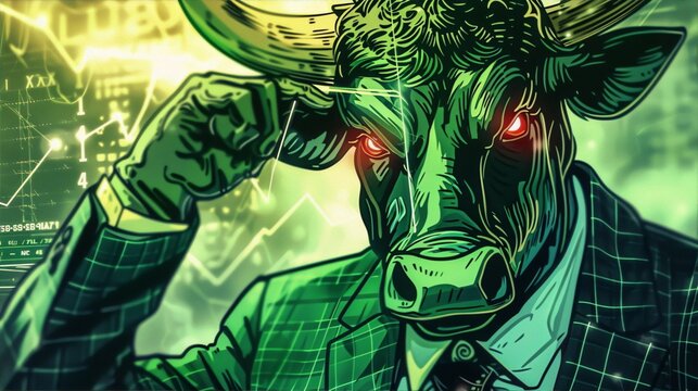 A green bull wearing a suit ponders the stock market's rise.