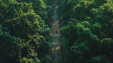 ????????????A runner in red vest and black shorts is running on a wooden bridge through a lush green forest with bright sunlight streaming through the trees in the background