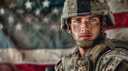 Portrait of a young soldier wearing a helmet and camouflage uniform with an American flag in the background