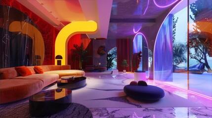 Retro futuristic living room interior with bright neon glowing elements and large windows