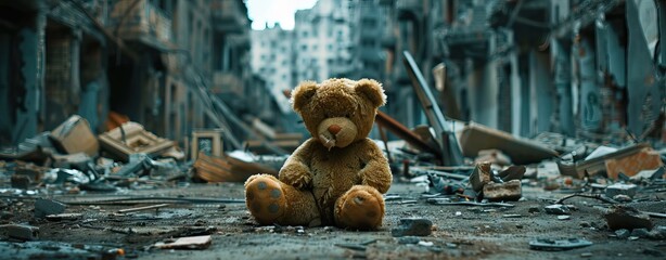 Teddy bear toy sitting alone on the floor in a room of an old abandoned house. Dramatic scary background, copy space for text, darkness horror concept. AI generated illustration - obrazy, fototapety, plakaty