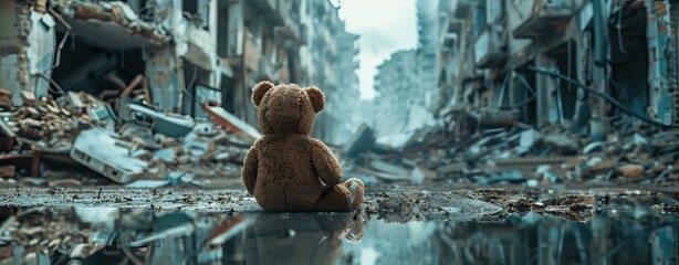 Teddy bear toy sitting alone on the floor in a room of an old abandoned house. Dramatic scary background, copy space for text, darkness horror concept. AI generated illustration - obrazy, fototapety, plakaty