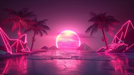 Illustration of a tropical background with sunset or dawn in neon light in retro style. Palm trees and the sun - obrazy, fototapety, plakaty