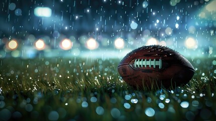 an American football on a rainy field, water droplets on the ball and wet grass around it reflect...